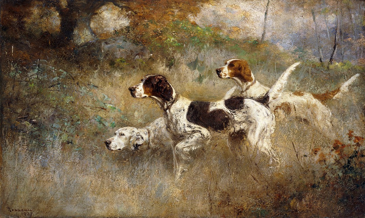 The Setters Three, Bob, Bill and Ginger on a triple point by Percival Leonard Rosseau