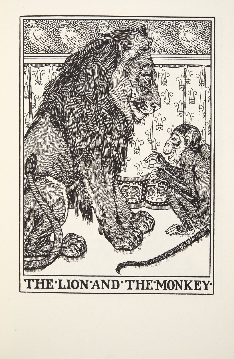 The Lion and the Monkey, from Fontaine Fables, pub. 1905 by Percy J. Billingshurst