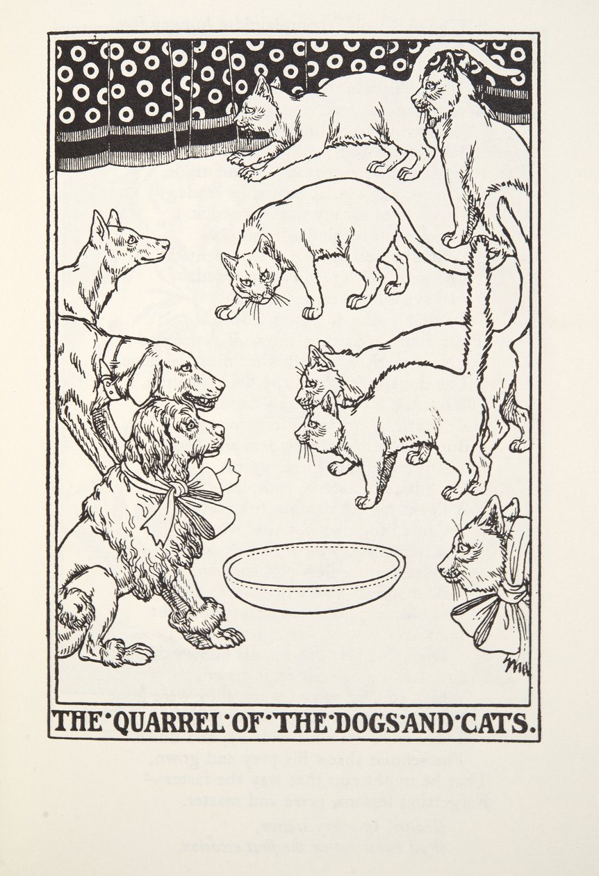 The Quarrel of the Dogs and Cats, from Fontaine Fables, pub. 1905 by Percy J. Billingshurst