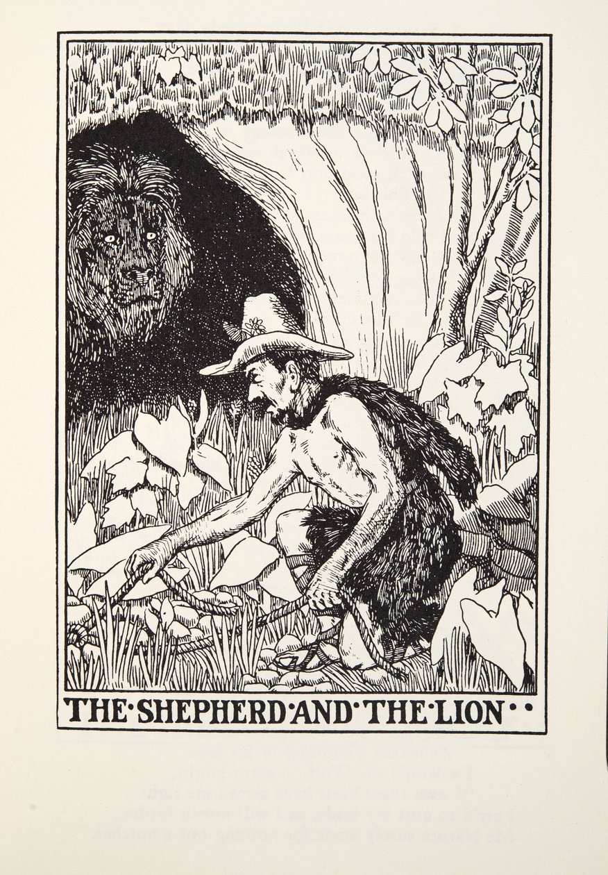 The Shepherd and the Lion, from Fontaine Fables, pub. 1905 by Percy J. Billingshurst