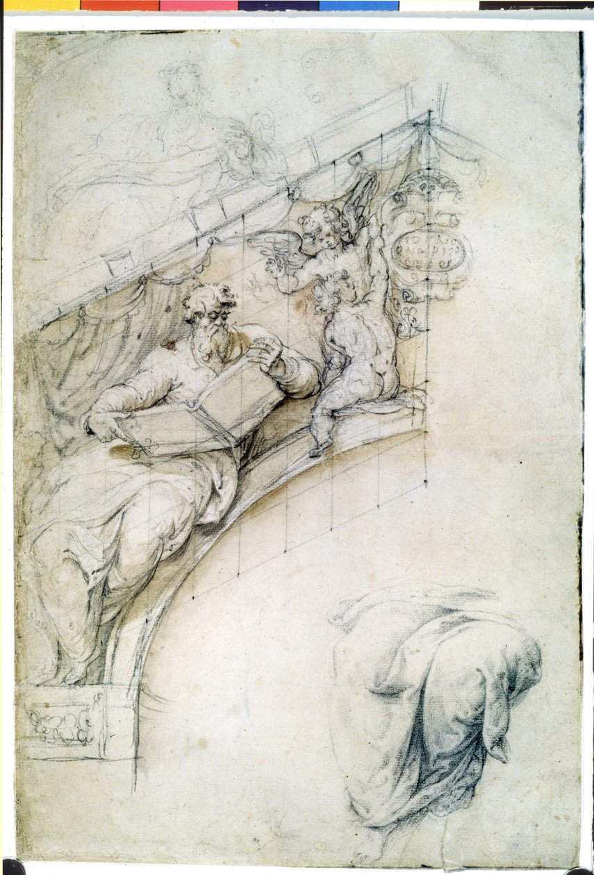 Study for a Fresco with a Prophet Figure and Two Putti by Perino del (1501-47) Vaga