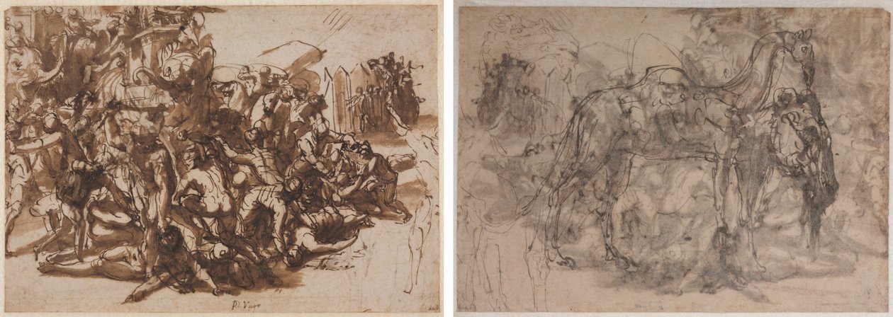Poros Assailed by the Macedonian Army (recto); Sketches of Animals (verso) by Perino del Vaga