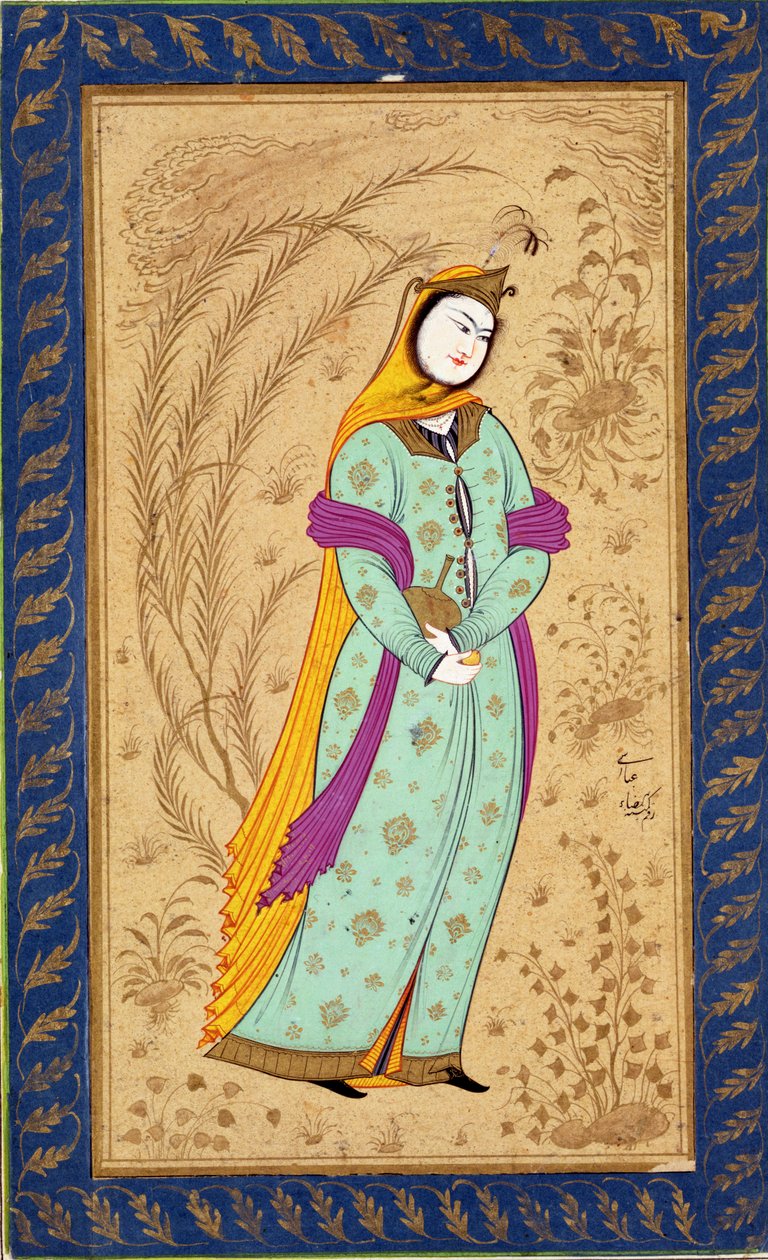 Girl Holding a Wine Vessel and a Pear, from the Large Clive Album by Persian School