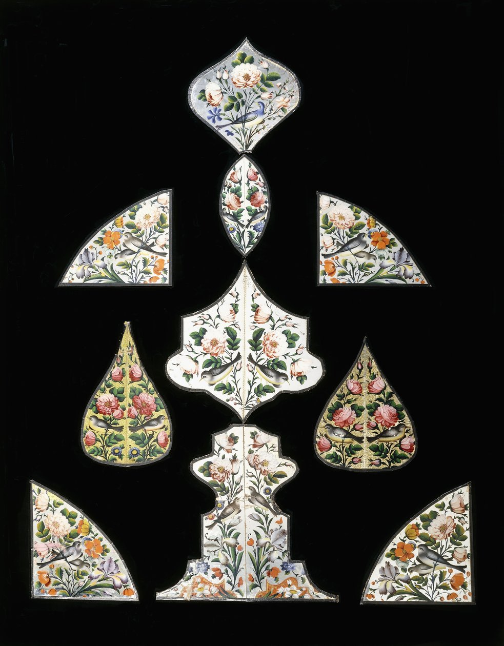 A Group of Ten Qajar Mirror Paintings, Decorated with Various Flowers and Perching Birds by Persian School