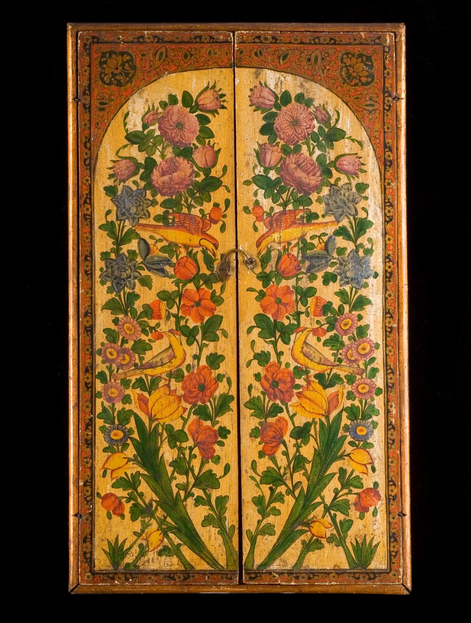 A large Qadjar polychrome lacquered Mirror, with the doors closed to reveal the decorated panels by Persian School