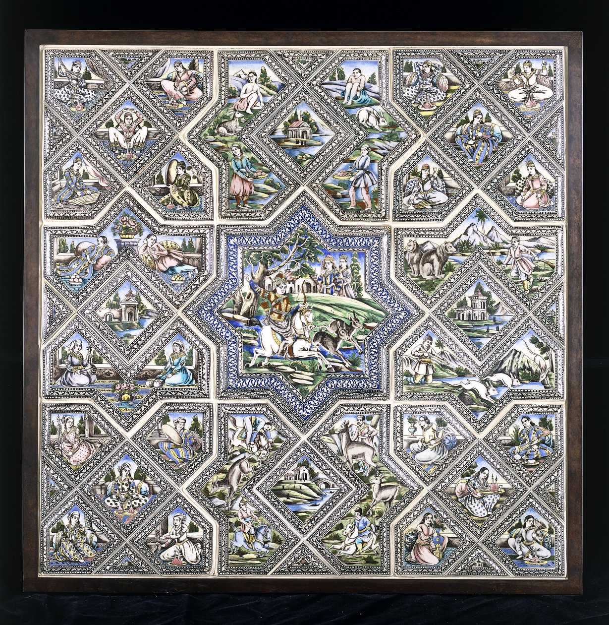 A Pottery Tile Panel, Depicting Bahram Gur Hunting, and Several Other Figures in a Variety of Scenes by Persian School