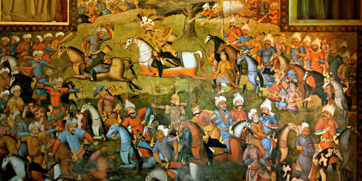 Battle of Taher-Abad or Battle of Merv with Victory of Shah Ismail I over Muhammad Shaybani Khan, Reception Hall, Chehel Sotun, 1647 by Persian School