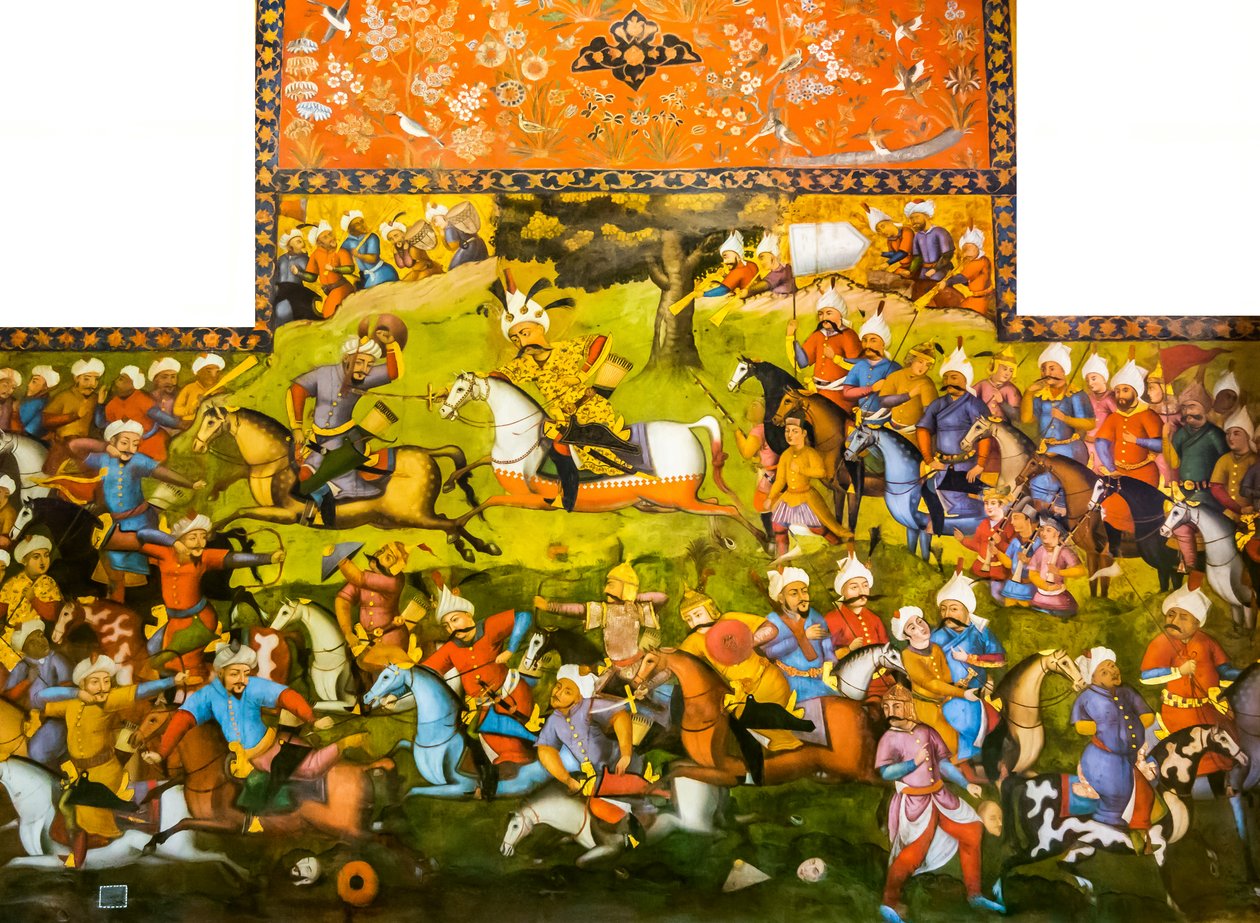 Battle of Taher-Abad or Battle of Merv with Victory of Shah Ismail I over Muhammad Shaybani Khan, Reception Hall, Chehel Sotun, 1647 by Persian School