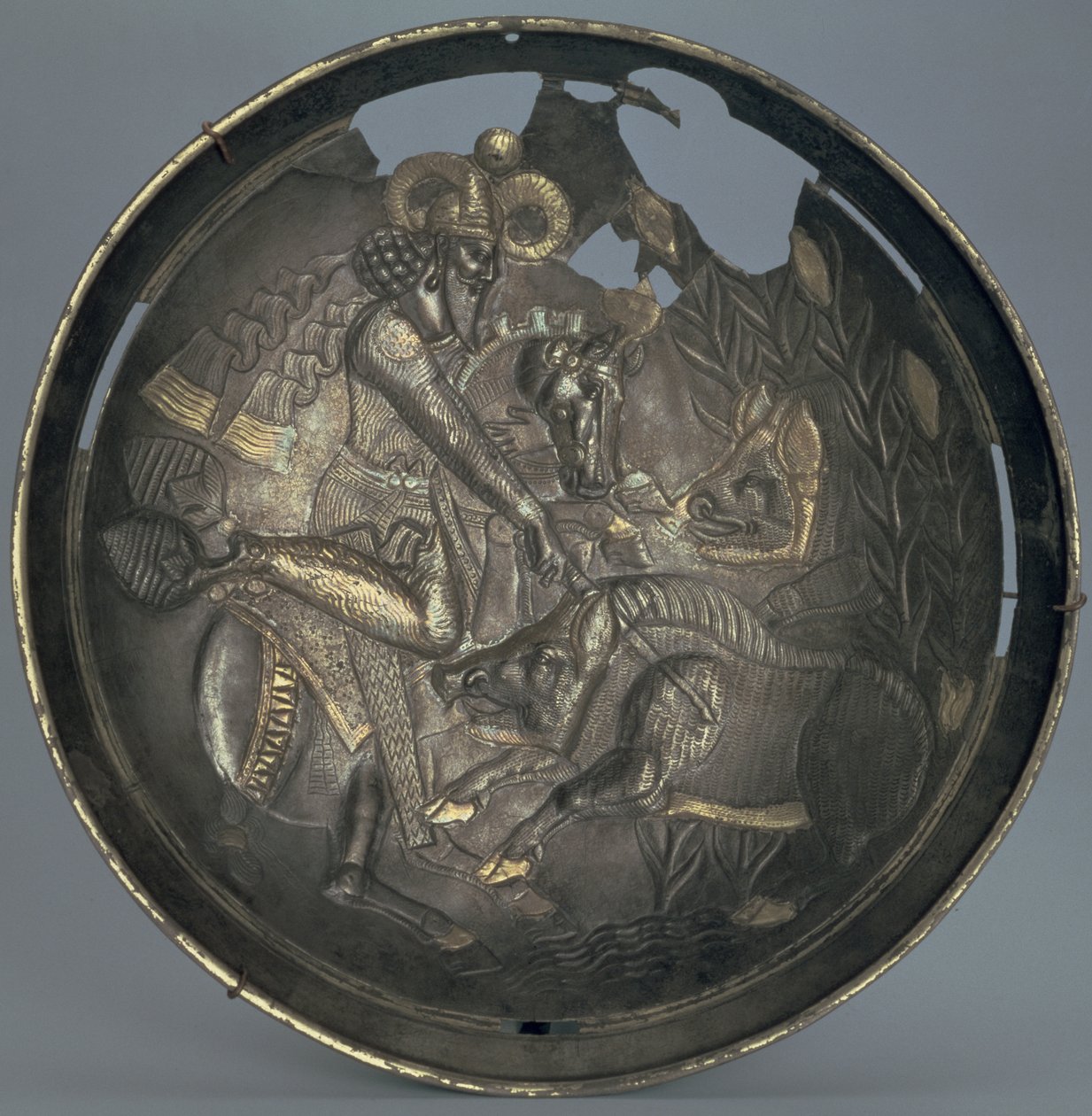 Dish decorated with a scene of Prince Varahran out hunting, Sassanid dynasty (226-651) by Persian School