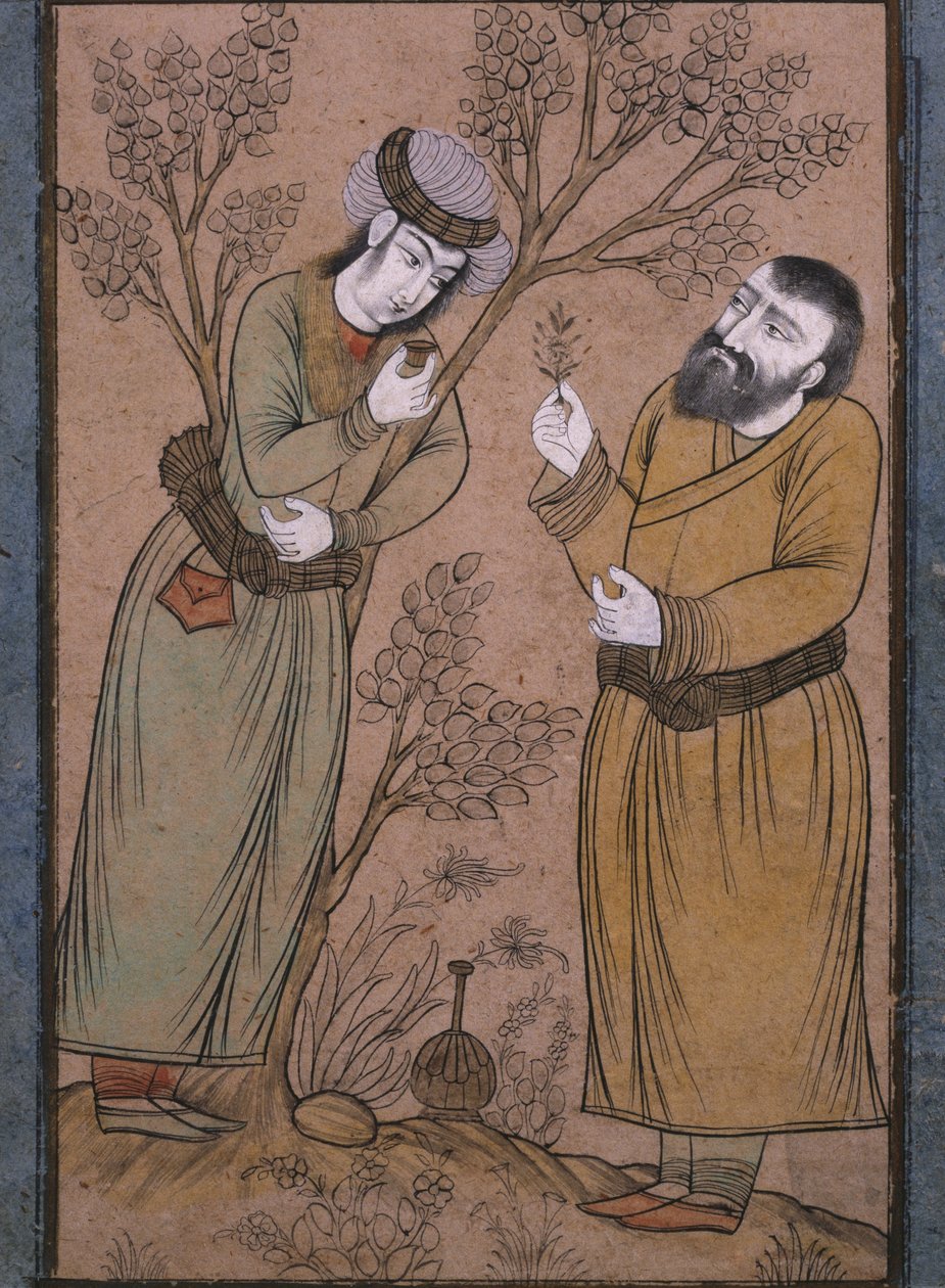 Doctor giving a herbal remedy to a young man by Persian School