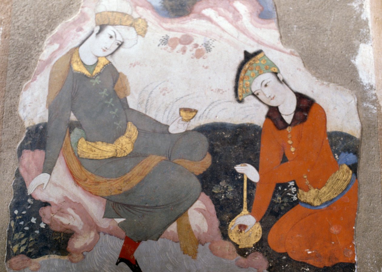Female figures with glass and bottle by Persian School