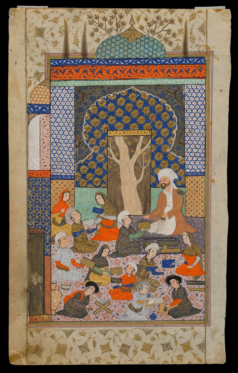 Folio from a Khamsa (Quintet) by Nizami; Layla and Majnun at School, Iran, Safavid period, c.1600-10 by Persian School