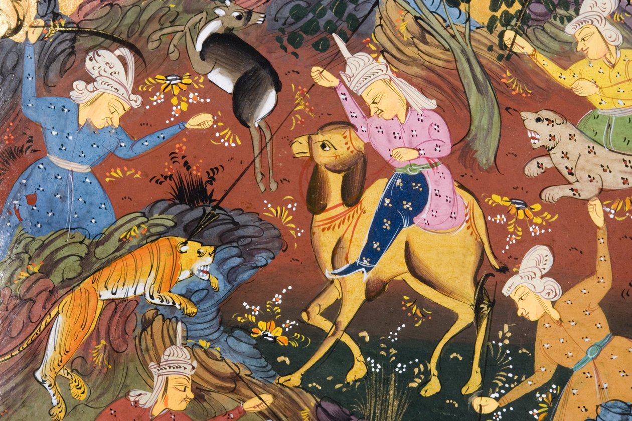 Hunters mounted and on foot killing deer and tiger (detail) by Persian School