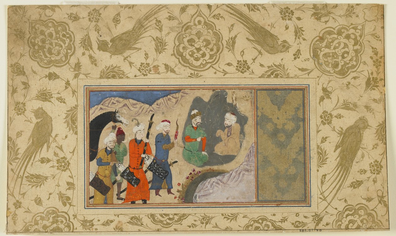 Iskandar visits a hermit by Persian School