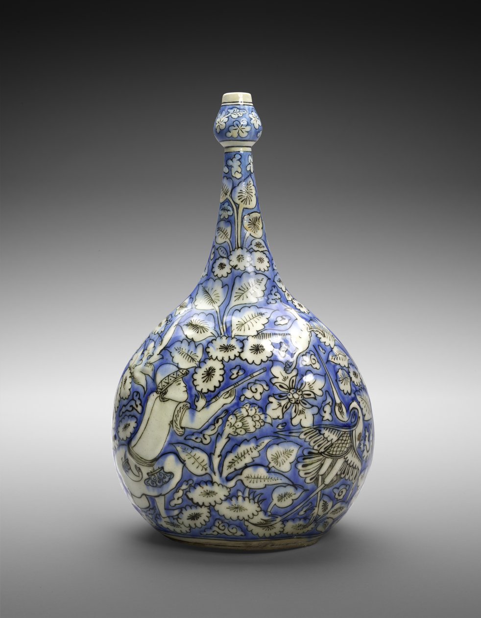 Lobed Bottle with Figure and Flowers, mid 17th century by Persian School