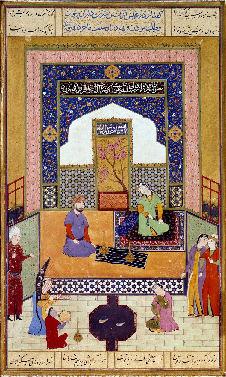 Princess Shirin receives Farhad in her Persian miniature castle illustrating an episode of Nizami