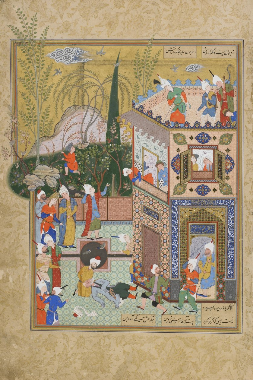 The Fickle Old Lover is Knocked Off the Rooftop, folio from a Haft awrang (Seven thrones) by Jami, probably Mashad, Khurasan, Iran, Safavid dynasty, 1556-1565 by Persian School