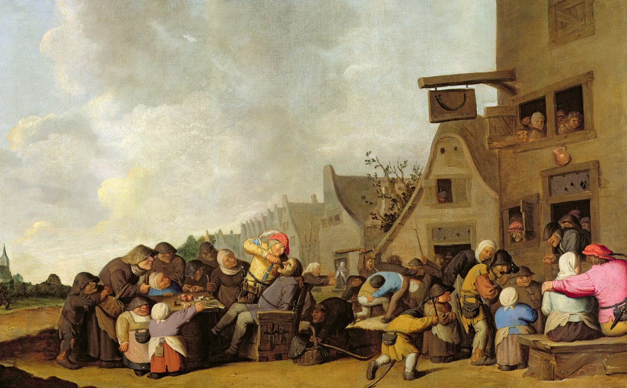A Village Scene with a Dentist Pulling Teeth and Peasants Fighting Outside a Tavern by Peter de Bloot