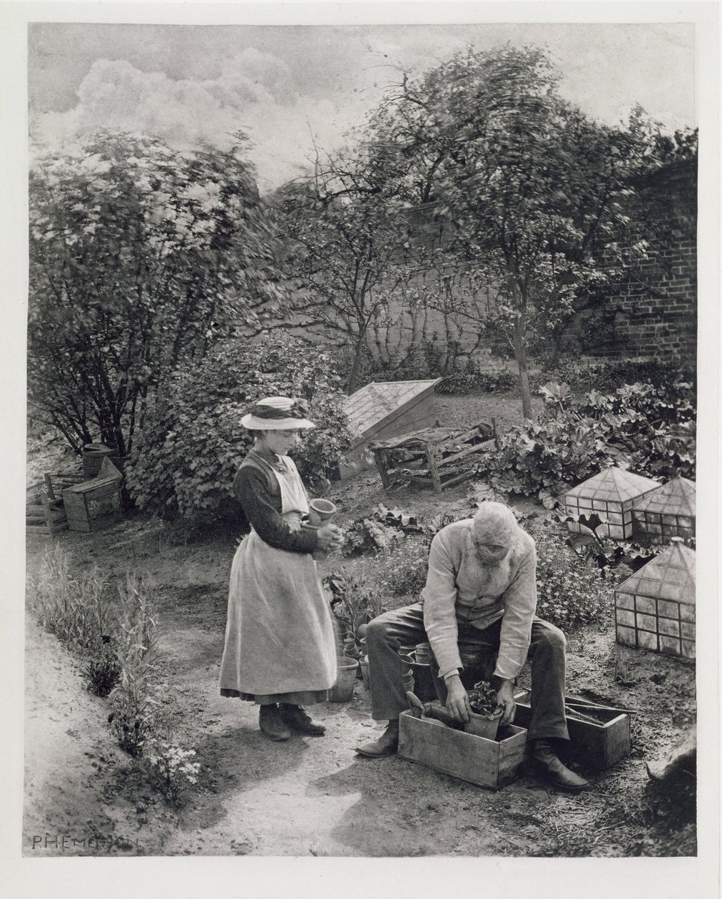 An Old Man and His Daughter Gardening by Peter Henry Emerson