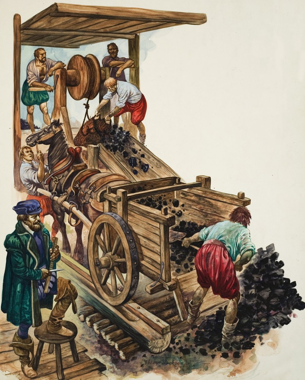 A tallyman notches up how many loads of coal leave the mine as a miner fills a cart and others hoist more to the surface by Peter Jackson