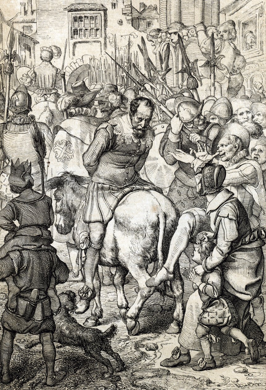 The false Sebastian: after the death of King Sebastian of Portugal, whose remains were not found, several people pretended to be the king reappeared to guide his people, one of them halted in Naples walked in the street under the gaze of the inhabitants by Peter Johann Nepomuck Geiger
