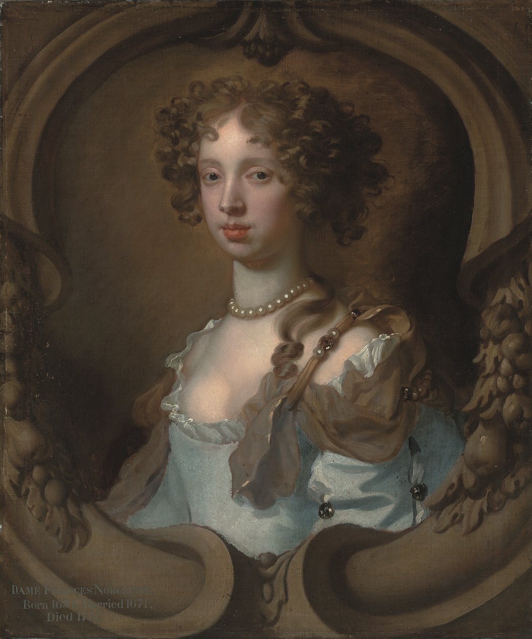 Portrait of Lady Frances Norcliffe, Bust-Length, in a Pale Blue Dress with a Pearl Clasp, in a Sculpted Cartouche by Peter Lely