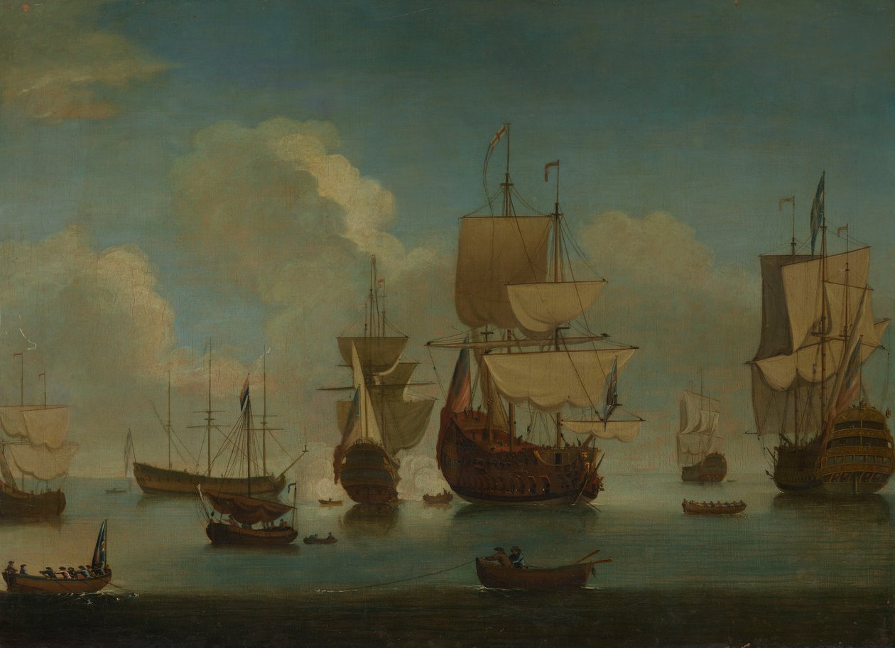 English warships at anchor in a calm, drying sails by Peter Monamy
