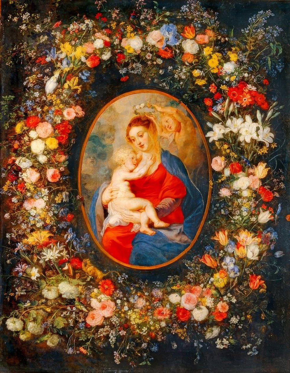 The Virgin, Child Jesus, and Angels Amidst a Garland of Flowers by Peter Paul Rubens
