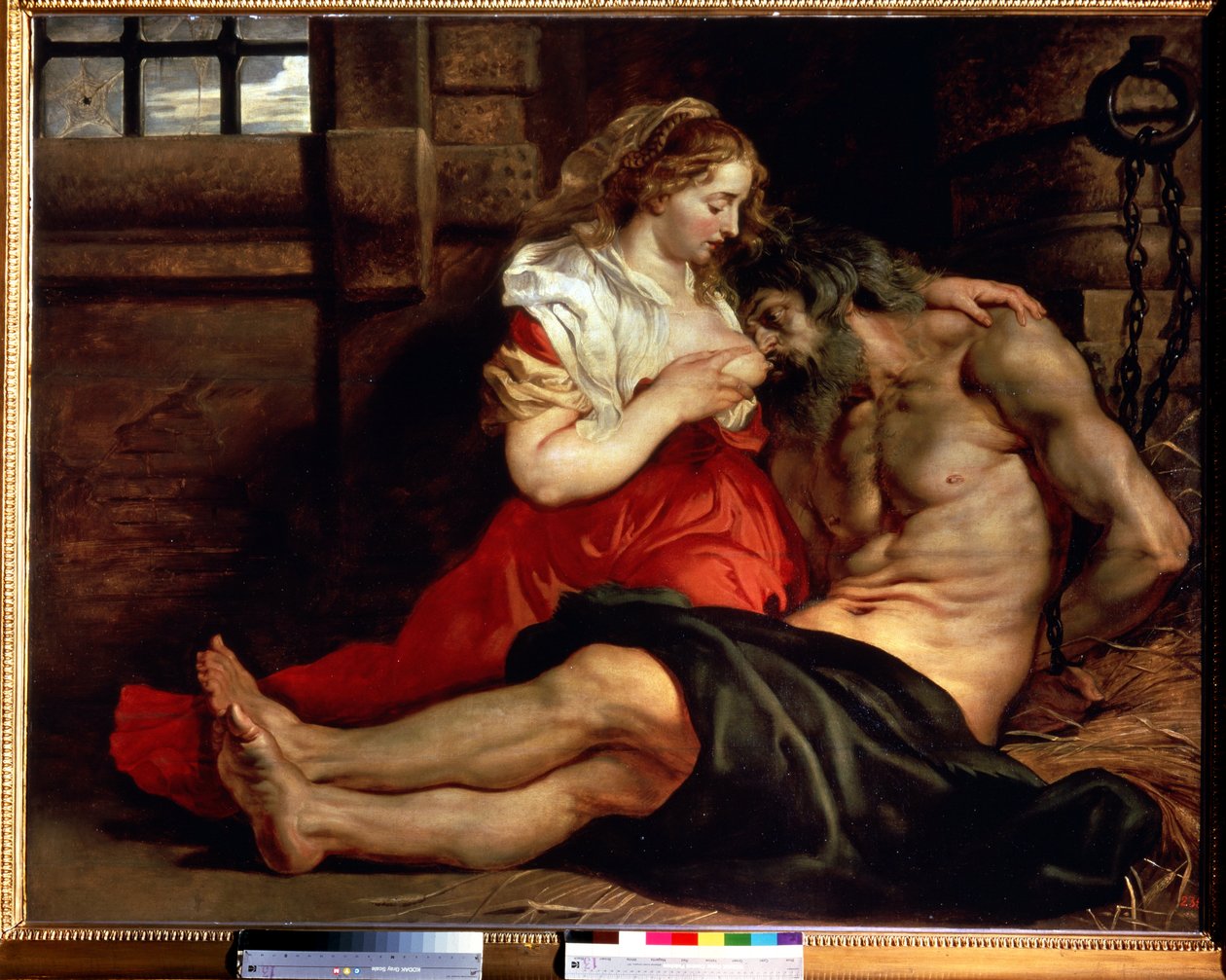 La charite romaine (Roman charity). Une femme allaite un homme en prison et enchaine. Cimon condamne a mourir de faim en prison se nourrit du sein de sa fille Pero. Peinture de Pierre Paul (Pierre-Paul) Rubens (ou Peter Paul ou Petrus Paulus) (1577-1640).  by Peter Paul Rubens