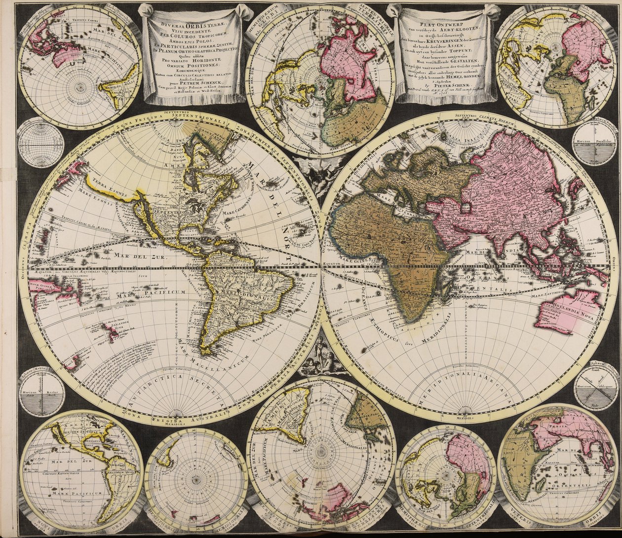 Orthographic Projection of the Earth with Various Horizons and Celestial Circles by Peter Schenk the Elder