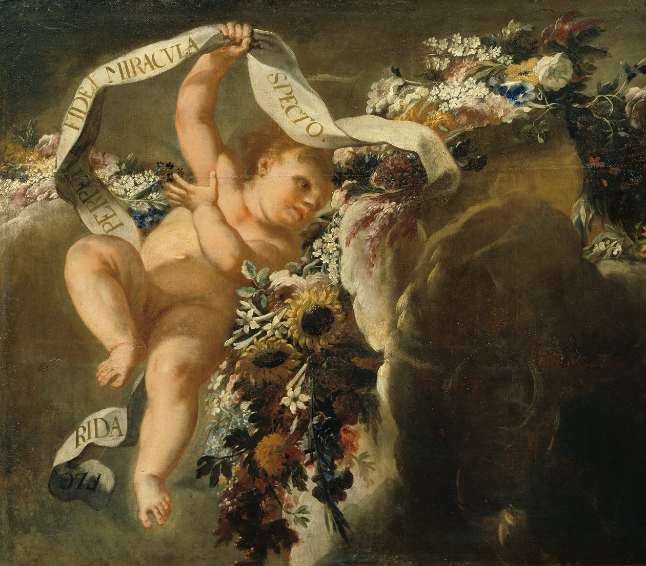 Putto with Flower Garland and Banner by Peter Strudel