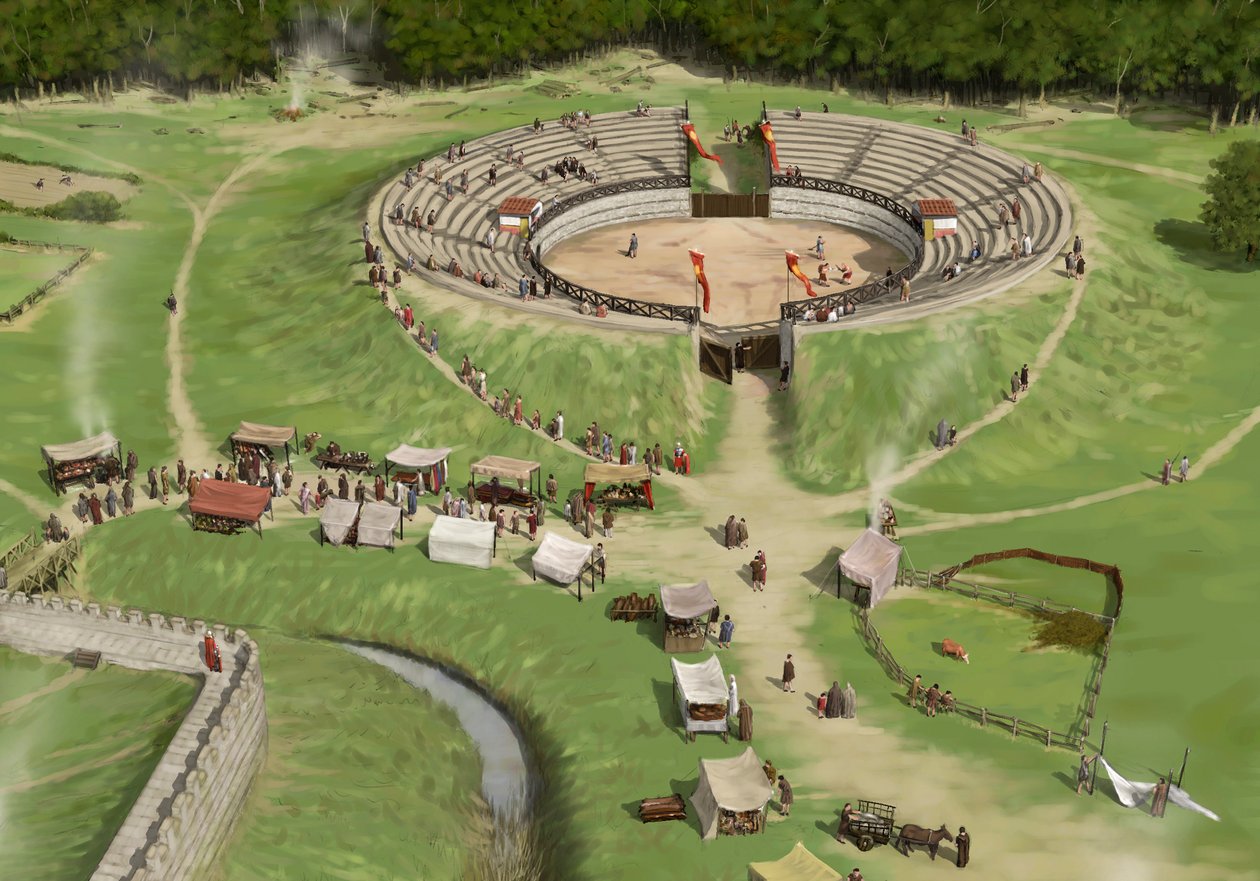 Spectators arrive at Silchester Roman City Amphitheatre c250 AD by Peter Urmston