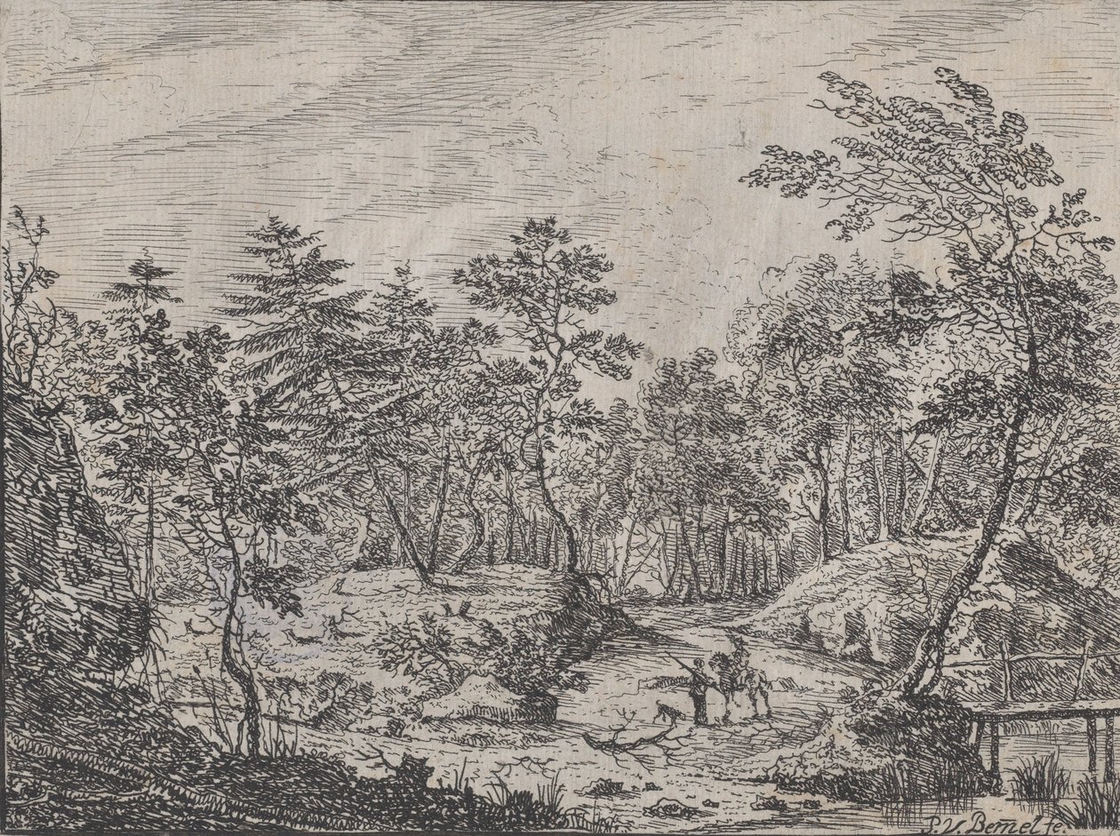 Forest landscape with a rider conversing with a man at center, a footbridge at right by Peter von Bemmel