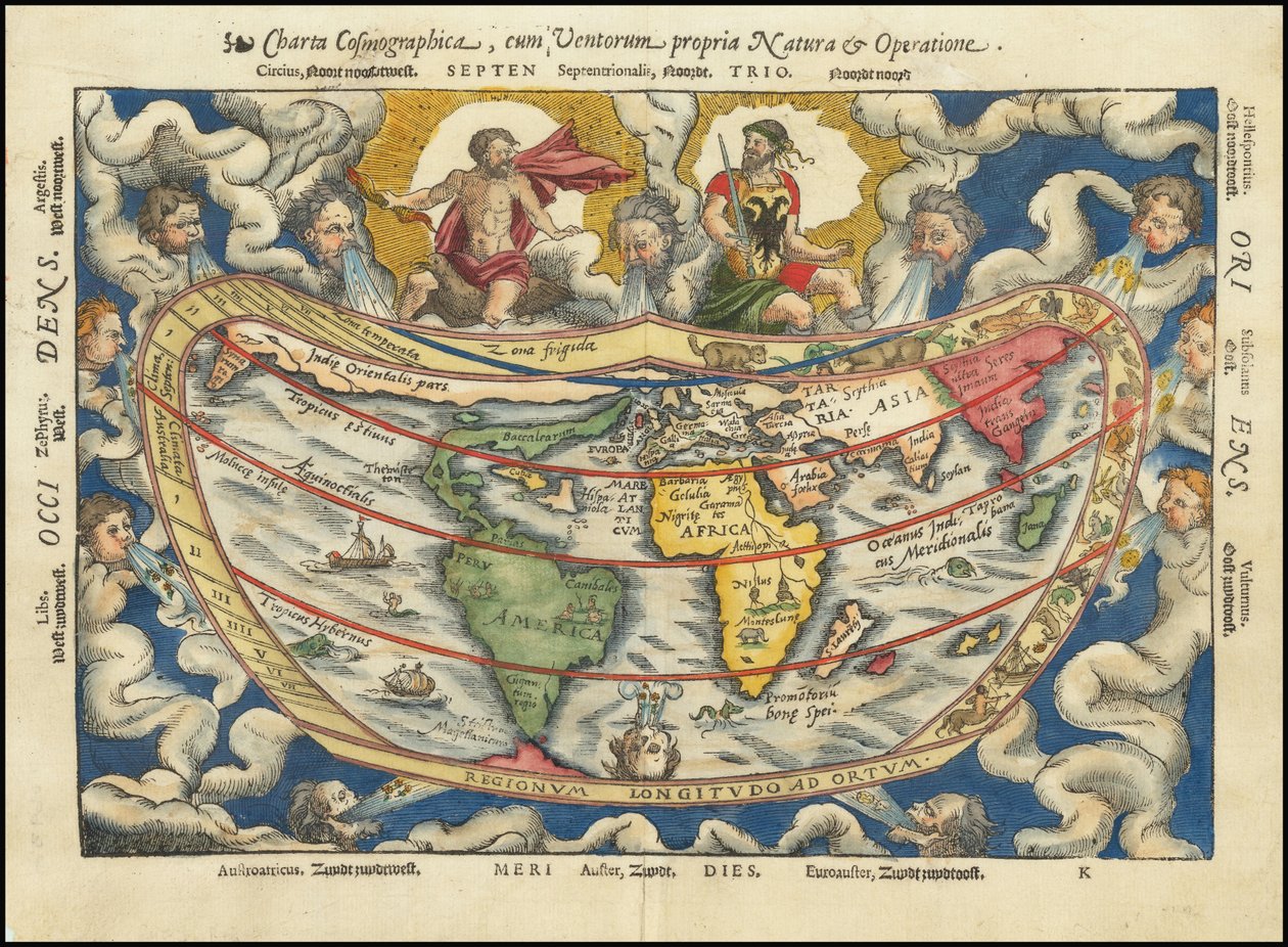 1553 Map - Charta Cosmographica, With the Nature and Operation of Winds by Petrus Apianus