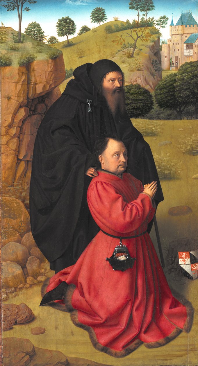 Altar Panel with a Portrait of a Donor in Scarlet under the Protection of St Anthony by Petrus I Christus