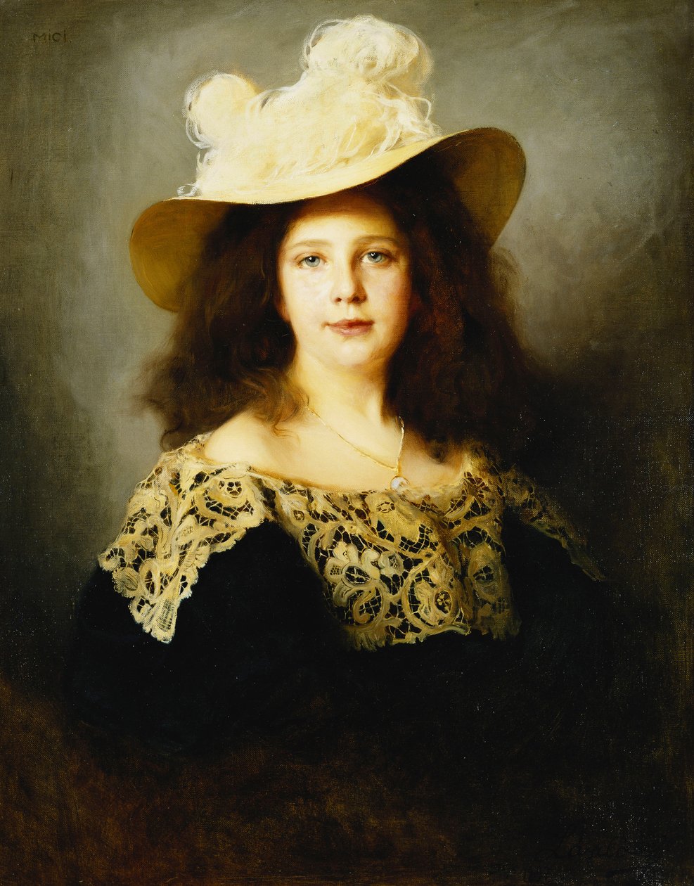 Portrait of Mici Lukacs, Aged 10, Wearing a Dark Blue Dress with Lace Collar by Philip Alexius de Laszlo