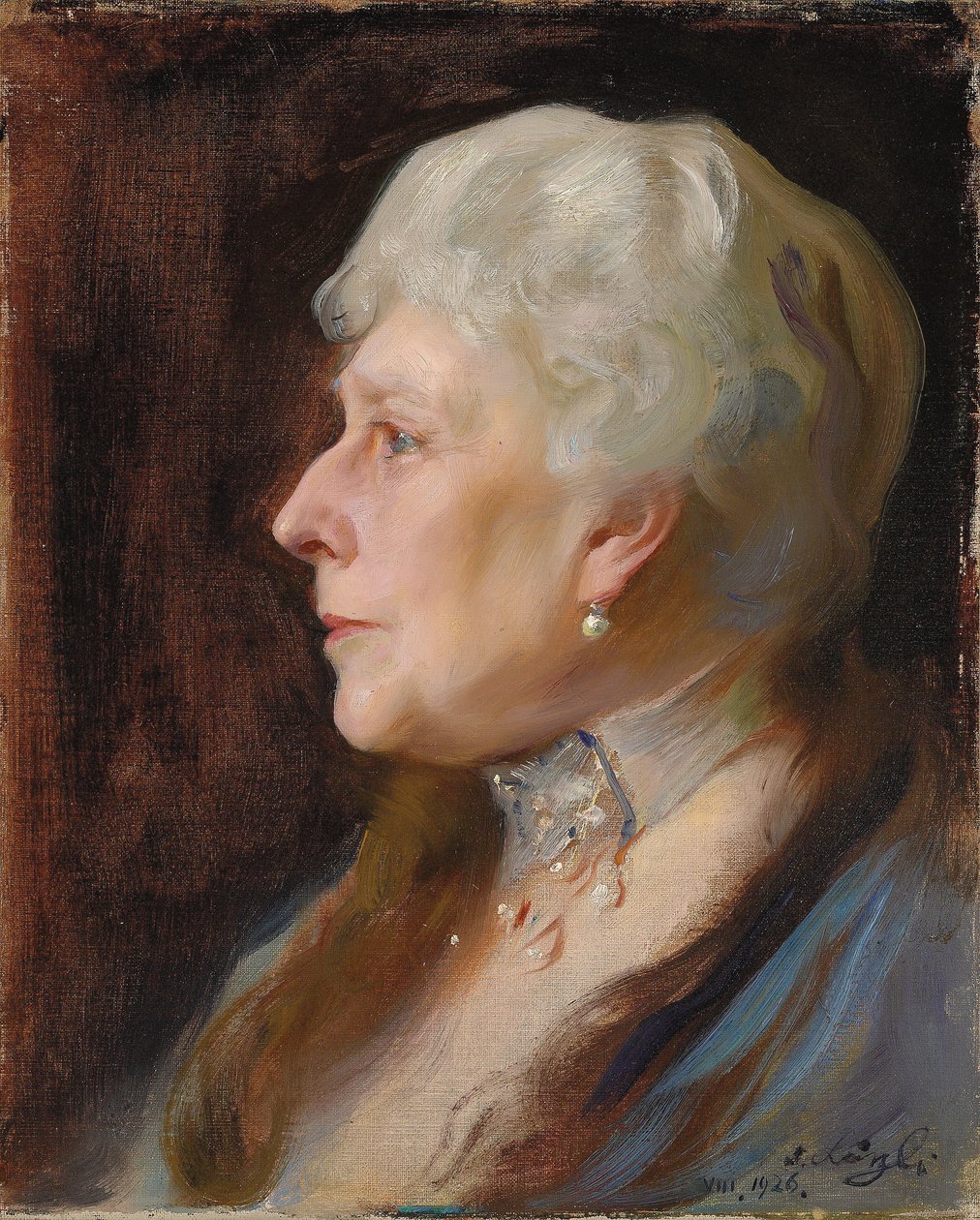 Portrait of Princess Henry of Battenberg, née Princess Beatrice of Great Britain, in profile to the left, wearing a choker and drop earrings by Philip Alexius de Laszlo