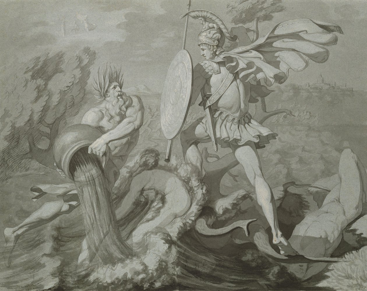 Fight of Achilles with the River Scamander (black and grey wash on paper) by Philipp Otto Runge