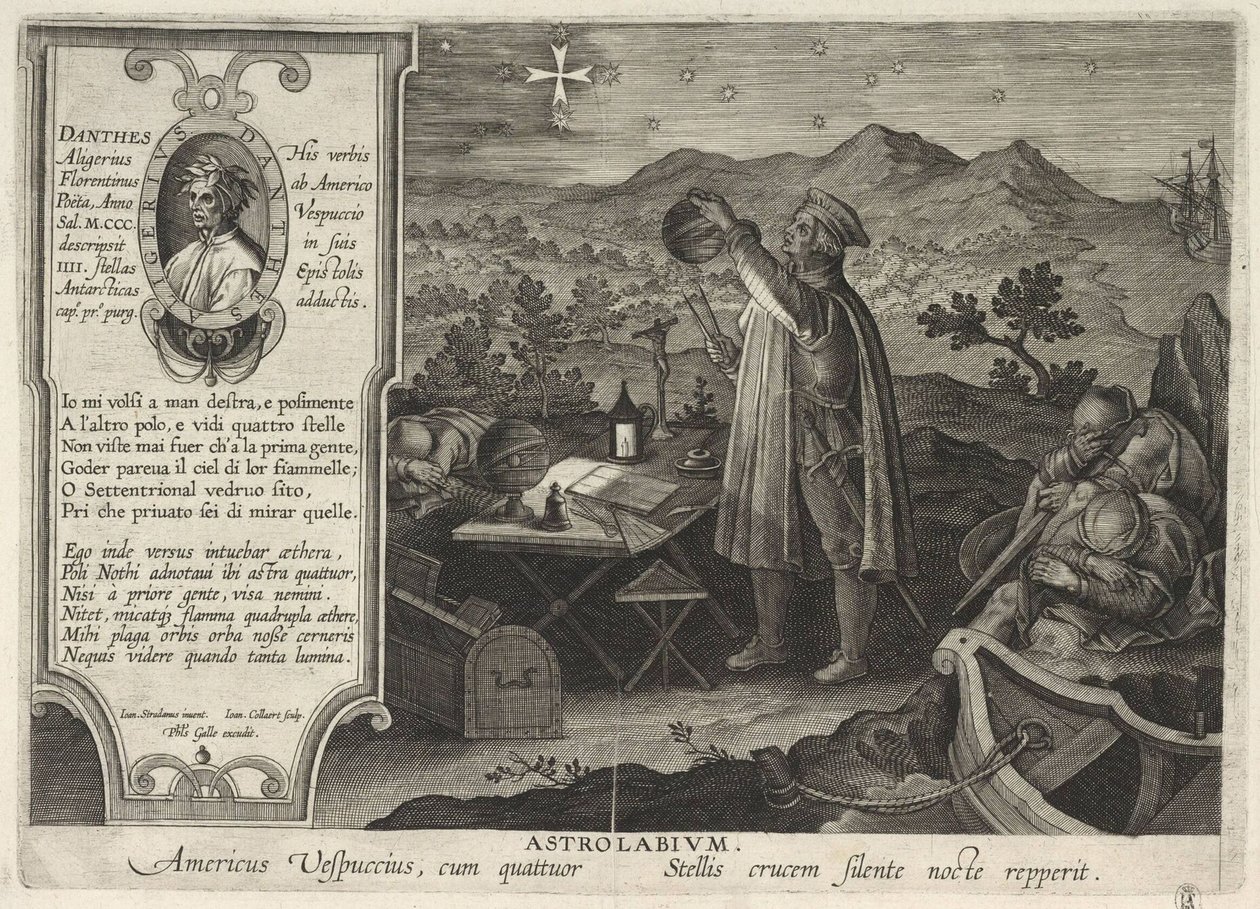 Amerigo Vespucci finding the Southern Cross constellation with an astrolabe Americae Retectio, 1591 by Philipp Galle