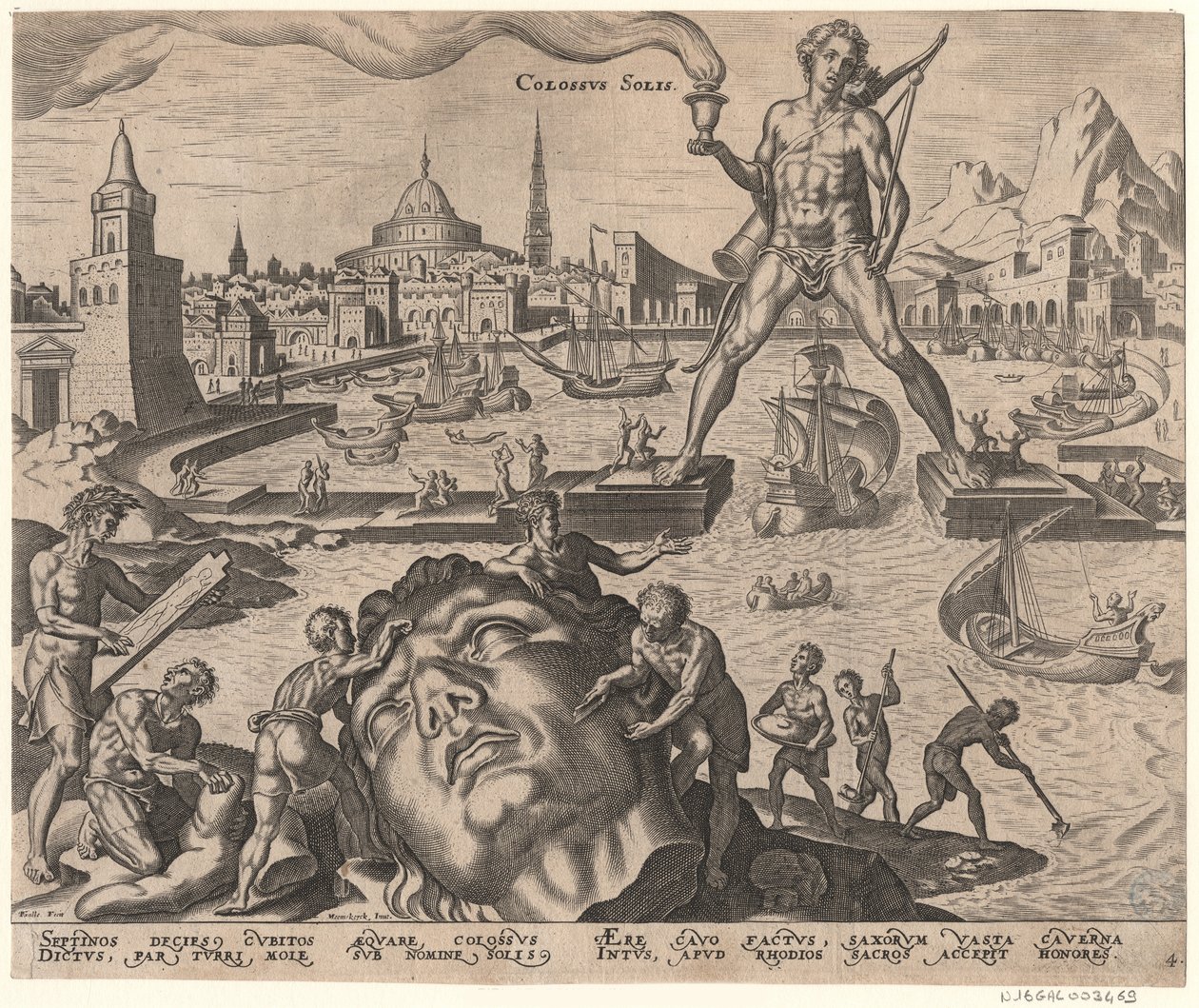 The Colossus of Rhodes from the series The Eighth Wonders of the World After Maarten van Heemskerck by Philipp Galle