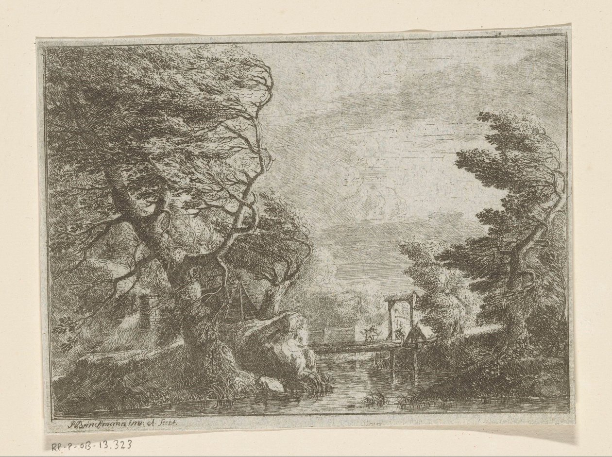 Stormy Landscape with Trees Next to a Bridge over a River by Philipp Hieronymus Brinckmann