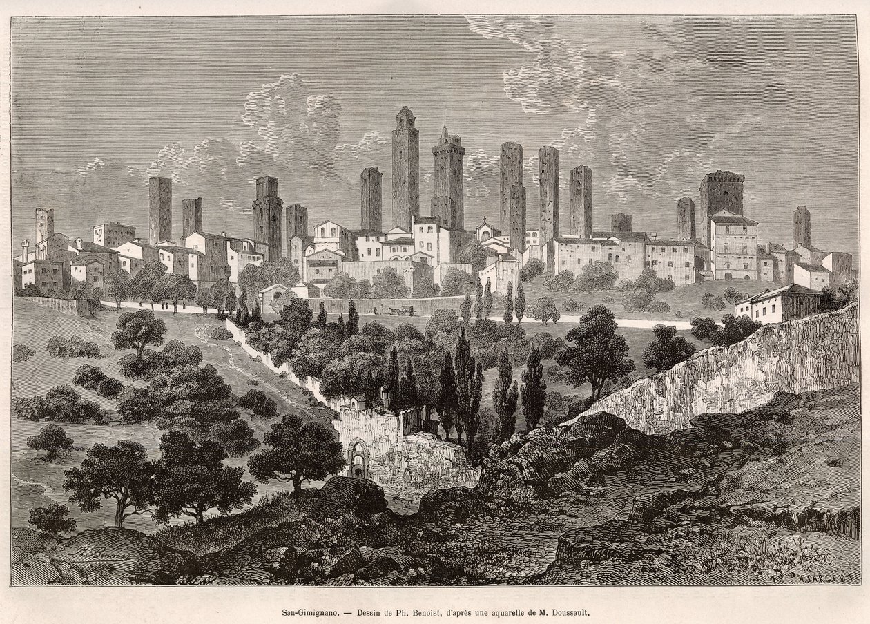 View of San Gimignano (Tuscany, Italy). Engraving After the Drawing by Ph. Benoist, to Illustrate the Voyage to Tuscany and Umbria, by Francis Wey, in 1875, Published in 