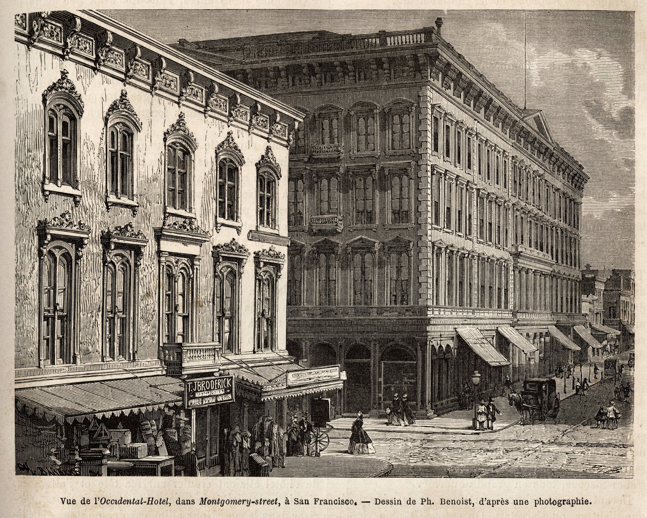 View of the Occidental Hotel, in Montgomery Street, San Francisco (California), Engraving After the Drawing by Ph. Benoist, Illustrating the Journey from Washington to San Francisco, in 1868, by L. Simonin, Published in 