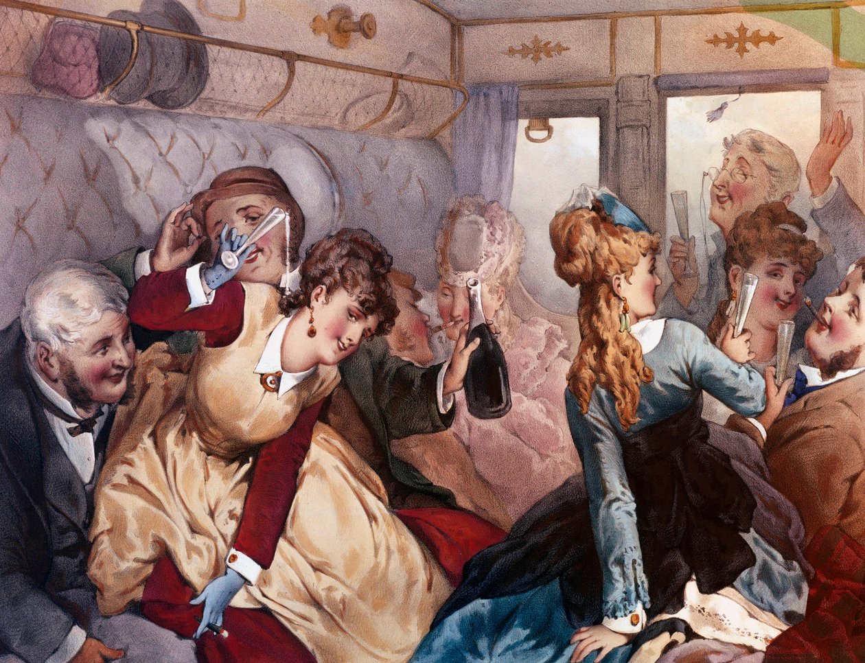 The Pleasure Train A group of bourgeois drinking and entertaining themselves in a wagon. Lithograph by Philippe Jacques Linder by Philippe Jacques Linder