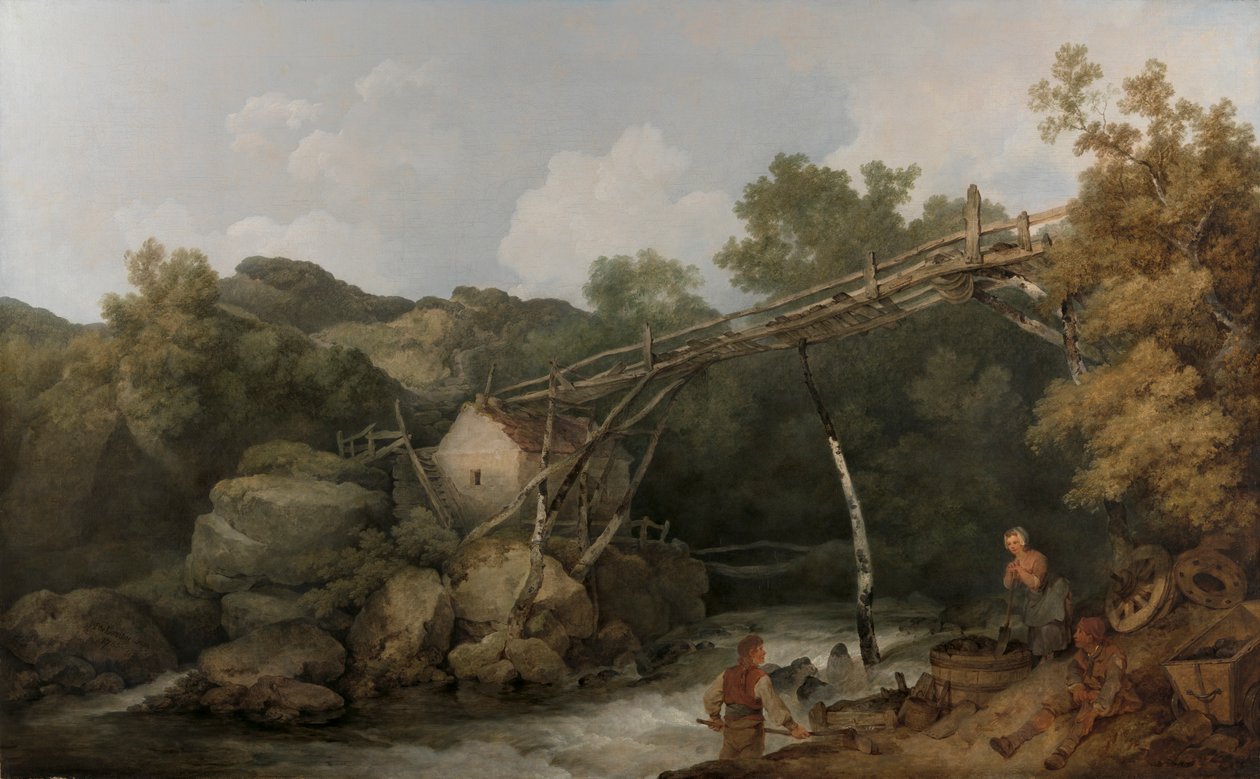 A View Near Matlock, Derbyshire with Figures Working Beneath a Wooden Conveyor by Philippe Jacques de Loutherbourg