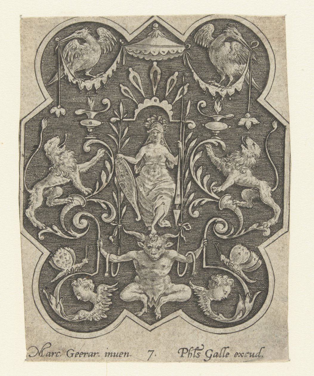 Helmeted Woman with Shield and Spear, Flat Decorations with Grotesques on a Shaded Background (series title) by Philips Galle