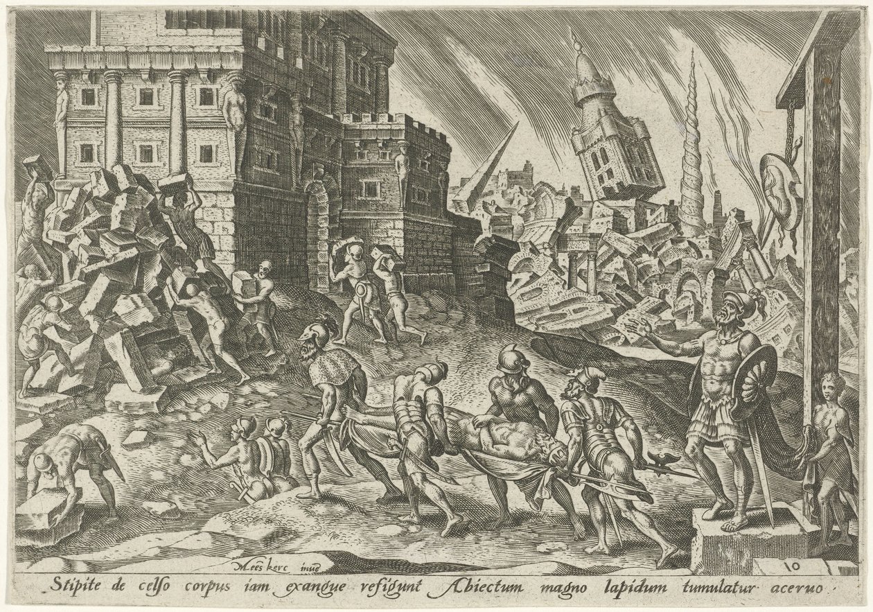 The Body of the King of Ai is Brought to the City Gate, The Days of Calamity of the Jewish People (series title) by Philips Galle