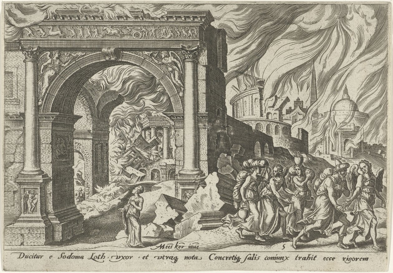 Lot and His Family Leaving the City of Sodom (series title: The Days of Calamity of the Jewish People) by Philips Galle