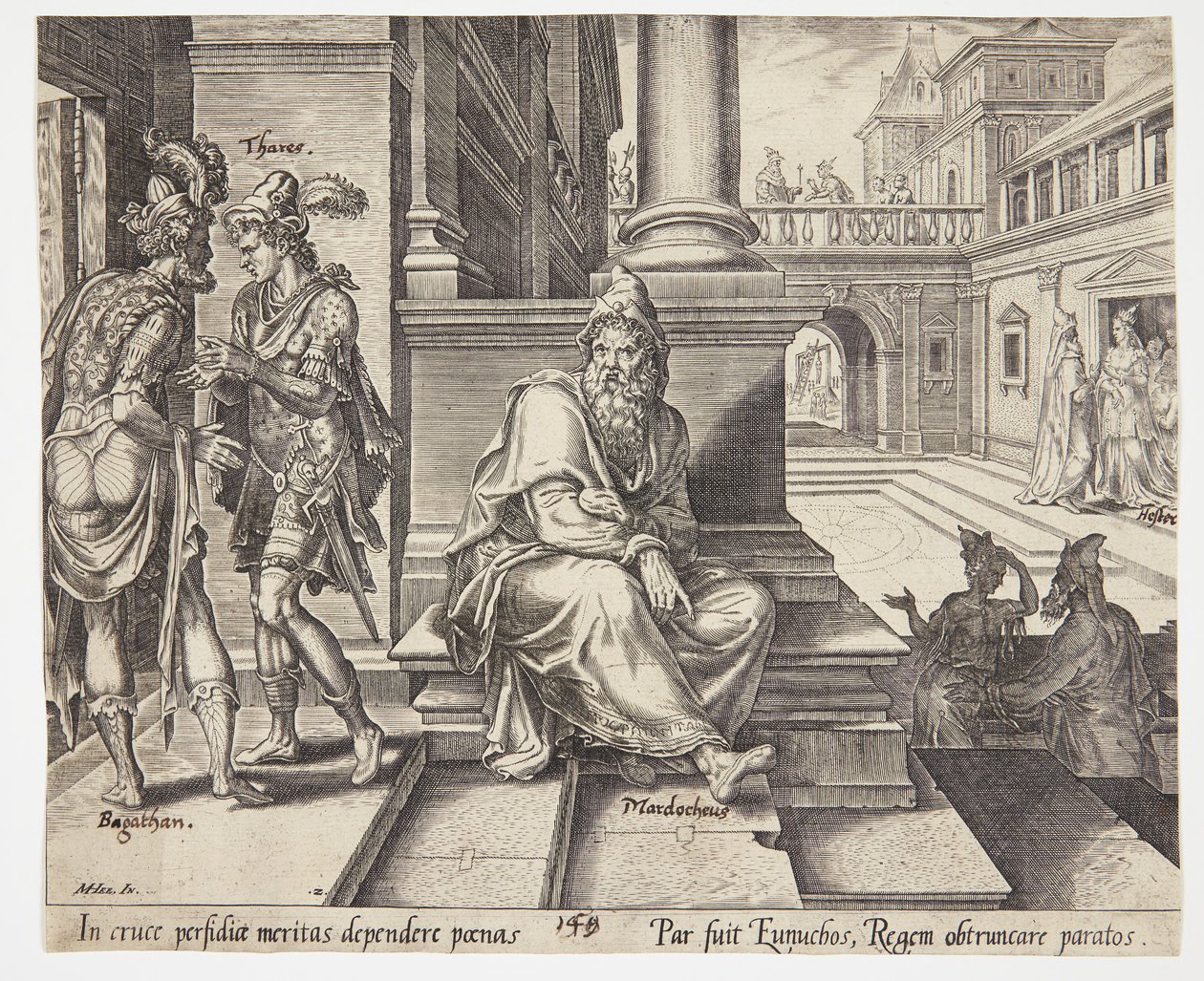 Mordecai Overhearing the Treason of Bigthan and Teresh by Philips Galle