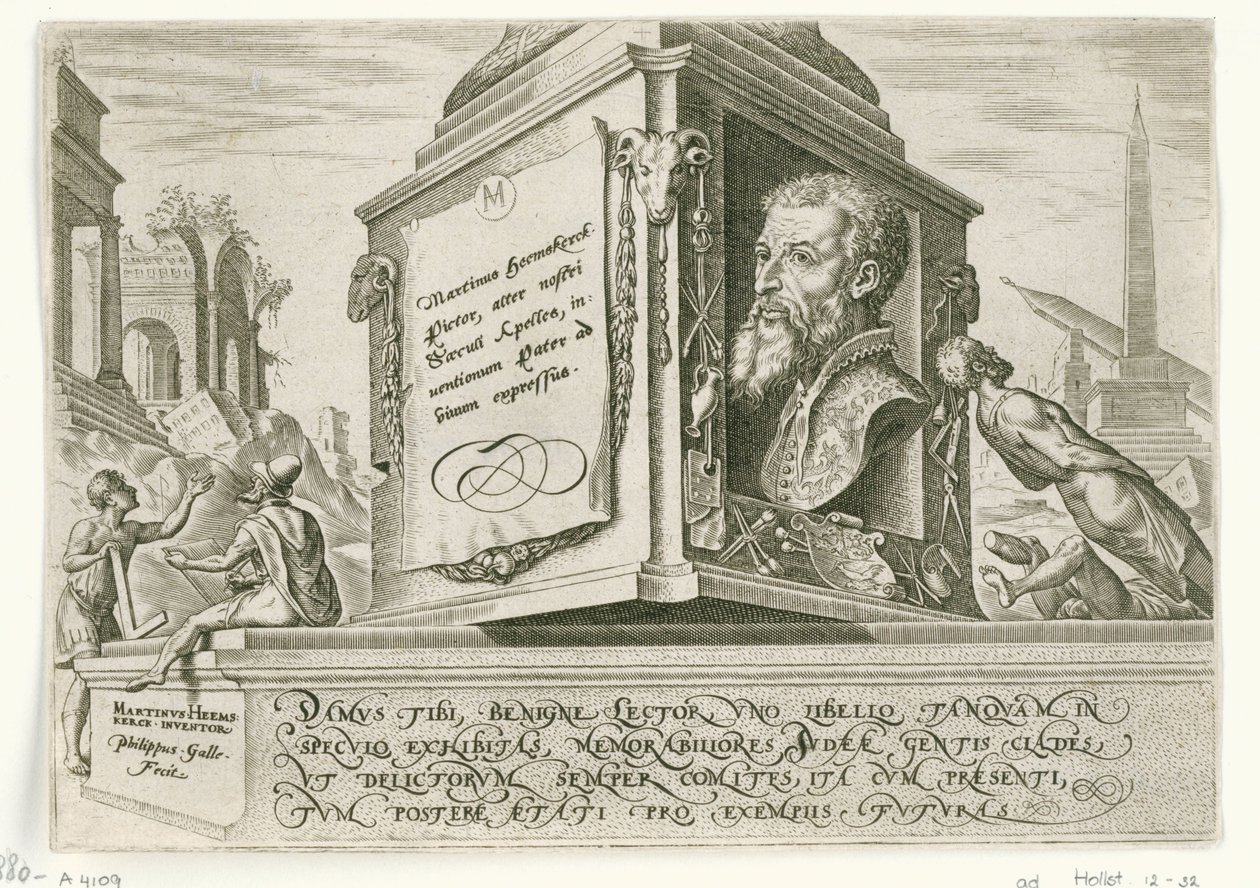 Portrait of Maarten van Heemskerck on the Pedestal of a Column (The Days of Calamity of the Jewish People) by Philips Galle